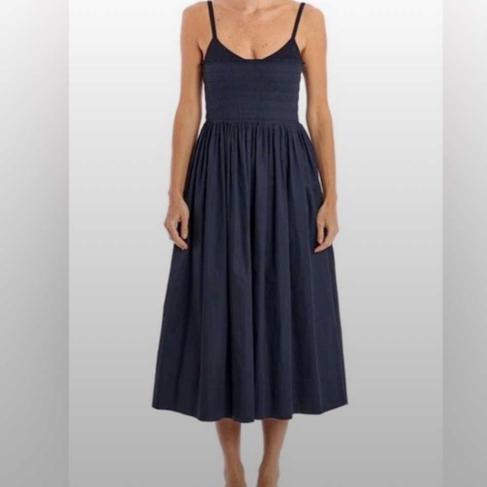 La Ligne Navy Blue Smocked Bodice Midi Dress
